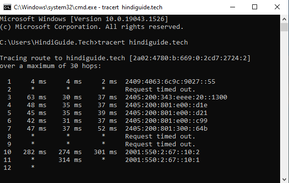 Traceroute in Command Prompt