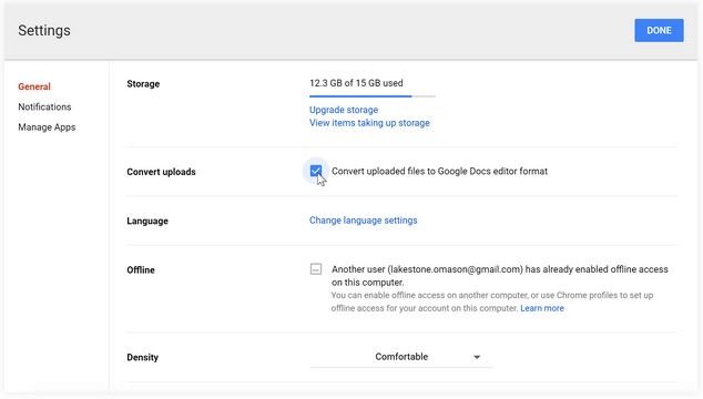 अपलोड की गई फ़ाइलों को Google Drive सेटिंग में कनवर्ट करना सक्षम करना